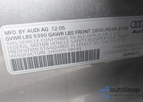 2006 Audi A6 4.2 из США, поврежденный, VIN WAUDL94F66N126299